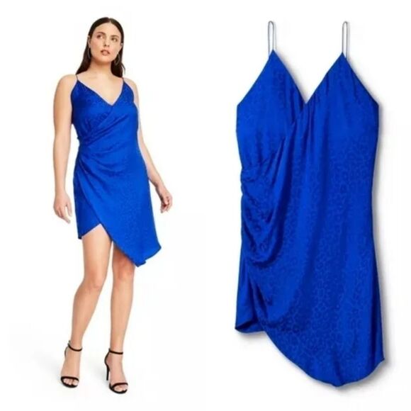 Cushnie Satin Royal Blue Leopard Print Faux Wrap Ruched Asymmetric Slip Dress 4 - Picture 1 of 11